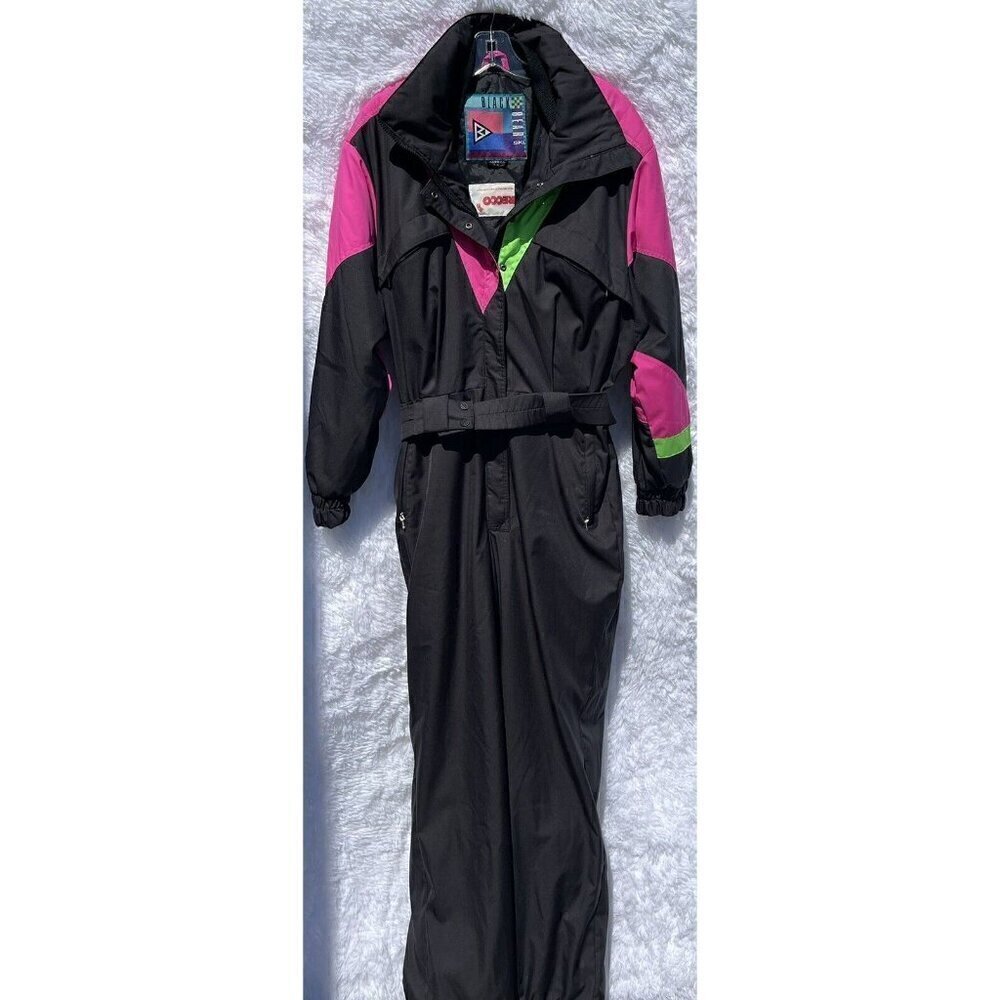 Vintage Black Bear Ski Suit Large Belted Pink Green Neon Colorblock 80's 90's